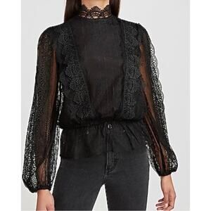 Express XS Black High Neck Long Sleeve Lace Top Whimsygoth Dark Romantic